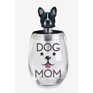 DOG MOM 16 Oz Zinc Stemless Wine Glass Stopper Set French Bulldog/Terrier